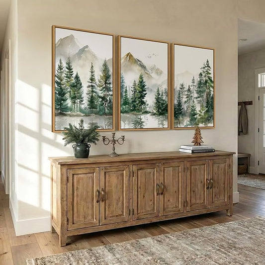 Framed Forest Mountain Landscape Wall Art for Living Room, 3 Piece Green Pine Tree Canvas Artwork for Walls, Large Watercolor Nature Foggy Scenic Painting Print for Bedroom Office Wall Decor, 24x36 In