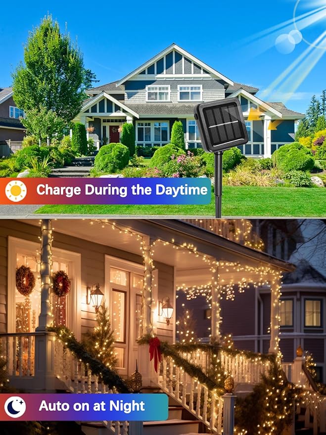 4 Pack Solar Christmas Lights Outdoor Waterproof, 132FT 400LED Solar String Lights Green Wire Fairy Lights, Solar Twinkle Lights with 8 Lighting Modes for Xmas Garden Decorations (Warm White)