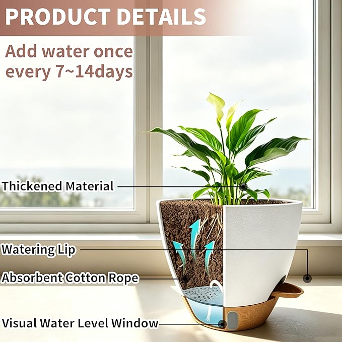 4-Pack Large Self Watering Pots for Indoor Plants, 12/10/9/8 Inch Planters with Visible Water Level Window, Automatic Watering System for Monstera, Fiddle Leaf, Herbs, Succulents, White
