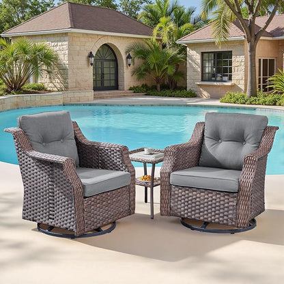 Patio Wicker Chairs Swivel Rocker-Outdoor Swivel Rocker Chair Set of 2 with All Weather Wicker Glider Rocker Set, PE Rattan Swivel Rocking Chair with Side Table for Yard Balcony Deck Porch Brown/Grey