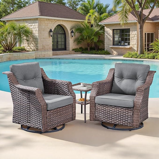 Patio Wicker Chairs Swivel Rocker-Outdoor Swivel Rocker Chair Set of 2 with All Weather Wicker Glider Rocker Set, PE Rattan Swivel Rocking Chair with Side Table for Yard Balcony Deck Porch Brown/Grey