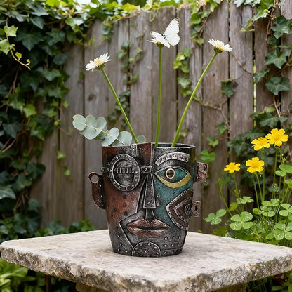 Abstract Face Planter Pot, Hand-Painted Resin Flower Pot with Top Opening for Planting, Decorative Planter for Indoor Plants, Art Accent Flowerpot Decor