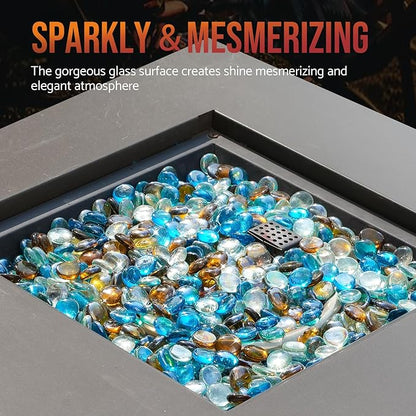 Skyflame 10-Pound Blended Fire Glass Beads for Fire Pit Fireplace Landscaping, 1/2-Inch High Luster Caribbean Blue, Crystal Ice, Caramel