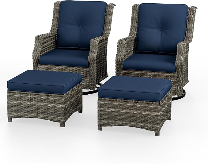 4 Piece Patio Furniture Set, 2 Swivel Glider Chairs and 2 Ottomans PE Wicker Footstool, Outdoors Rattan Conversation Set with Deep Seating and Olefin Cushions, for Backyard, Garden, Navy