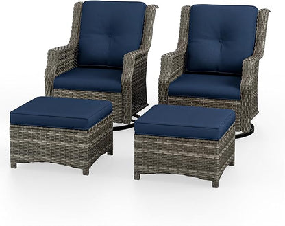 4 Piece Patio Furniture Set, 2 Swivel Glider Chairs and 2 Ottomans PE Wicker Footstool, Outdoors Rattan Conversation Set with Deep Seating and Olefin Cushions, for Backyard, Garden, Navy