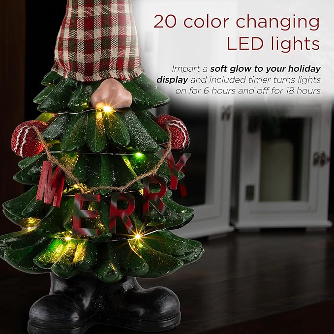 Alpine Corporation 28" Christmas Tree Merry Gnome Statues with Color Changing LED Lights, Holiday Decor