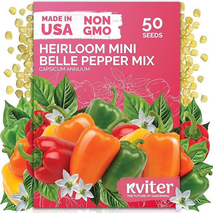 KVITER 50 Mix Sweet Mini Peppers Seeds (Capsicum annuum) – Mini Sweet Peppers Seed Packets Bell Pepper For Vegetable Garden – Non GMO Heirloom Dwarf Vegetable Seeds for Containers and Home Garden Beds
