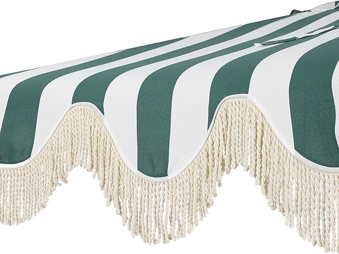 JONATHAN Y Half Umbrella UMB1201L Beverly 9 ft. Designer Classic Scalloped Fringe Market Patio with Crank, Tilt Button and UV Protection in Green/White, White Pole