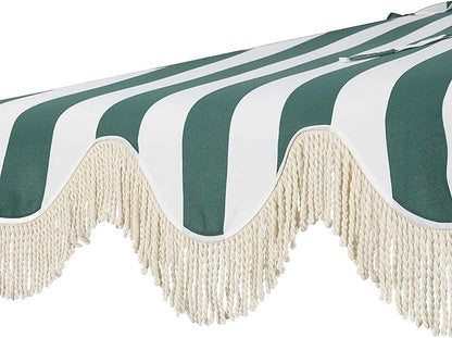 JONATHAN Y Half Umbrella UMB1201L Beverly 9 ft. Designer Classic Scalloped Fringe Market Patio with Crank, Tilt Button and UV Protection in Green/White, White Pole