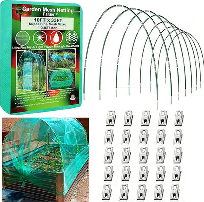 Garden Netting Kit for Raised Beds,10x33ft Ultra Fine Insect Netting Garden Bed Covers & 6 Sets of 8ft Fiberglass Garden Hoops (8 Sets Garden Hoops with Green10x33ft Garden Netting)