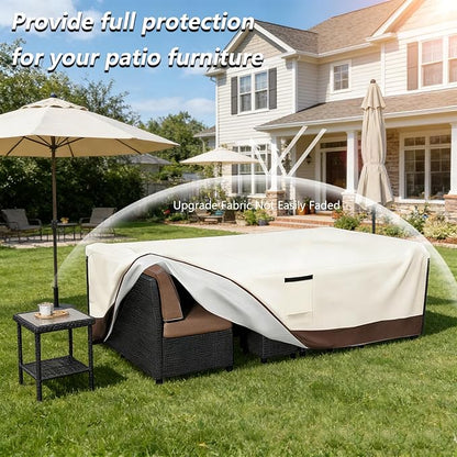 Patio Furniture Covers Waterproof,600D Heavy Duty Patio Cover for 6/7/8 PCS Sets Sectional Sofa Couch Dining Rocking Swivel Chairs Ottomans Coffee Table,88L x 62W x 28H inch Beige & Brown