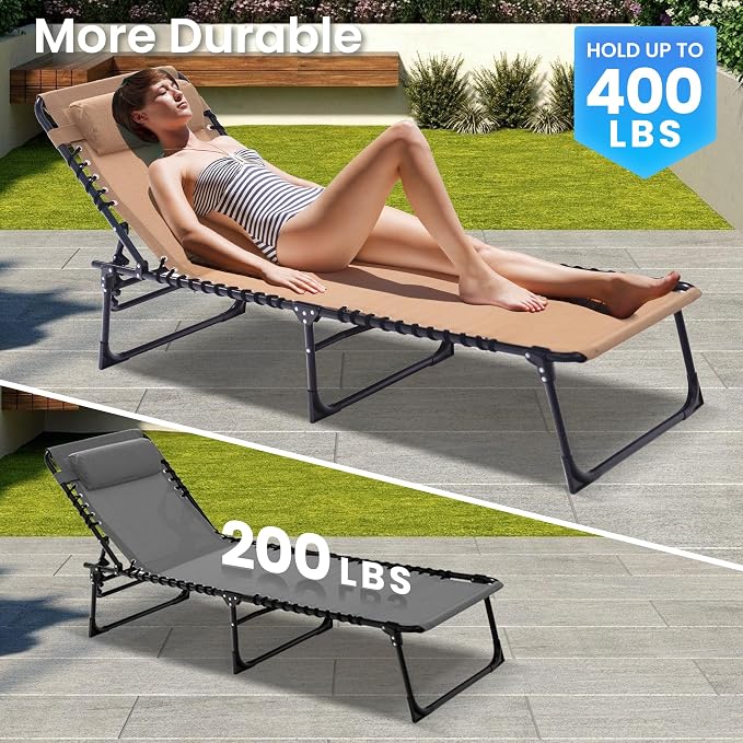 2 Pack Outdoor Folding Chaise Lounge 5-Position Adjustable Recliner 400LB Heavy Duty Portable Patio Camping Beach Chair, Beige