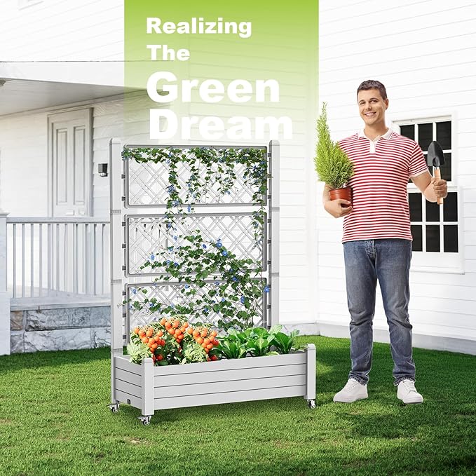Vixzen 64" Tall Raised Garden Bed,Outdoor Large Resin Planter Box with Trellis and Drain Plug for Climbing Plants,Easy to Assemble,Water Monitor,Mobility(Ashen, 43.43"×18.27"×64.29")