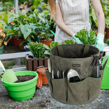 Professional 16oz Waxed Canvas Garden Tool Tote - Extra Large Waterproof Storage with 8 Pockets & Reinforced Base | Durable Carrying Case for Gardening, Landscaping & Outdoor Work