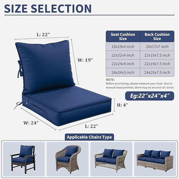 Premium Outdoor Seat Cushion Chair Cushions for Patio Furniture 22 L X 24 W X 4 H Waterproof & Fade Resistant Deep Seat and Backrest Cushion Set with Removable Covers for Chair, Sofa