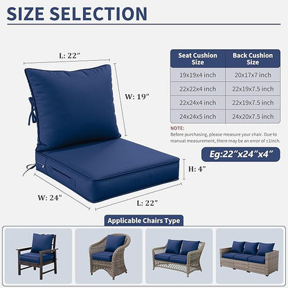 Premium Outdoor Seat Cushion Chair Cushions for Patio Furniture 22 L X 24 W X 4 H Waterproof & Fade Resistant Deep Seat and Backrest Cushion Set with Removable Covers for Chair, Sofa