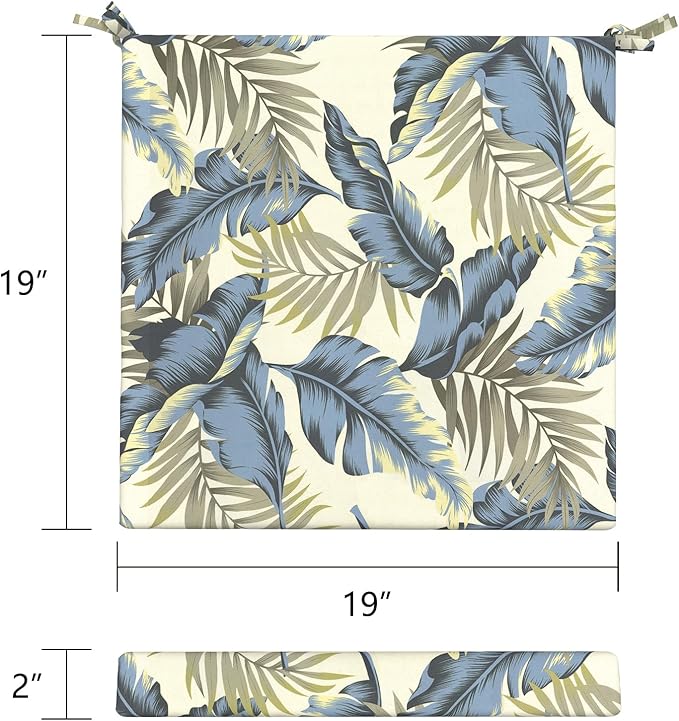 LVTXIII Outdoor Seat Cushions Seasonal Replacement Chair Cushions, Patio Chair Pads with Ties for Dining Chairs and Garden Furniture, Square Back, 19"x19"x2", 2 Pack, ‌Lush Palm Blue