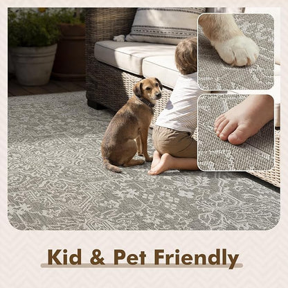 MontVoo-Outdoor Rug-Patio Rug 8x10 Polypropylene Indoor Outdoor Rugs Carpet for Patio Deck Balcony Porch, Textured Weave, Durable for High Traffic, Fade-Resistant, Vintage Medallion Silver Grey