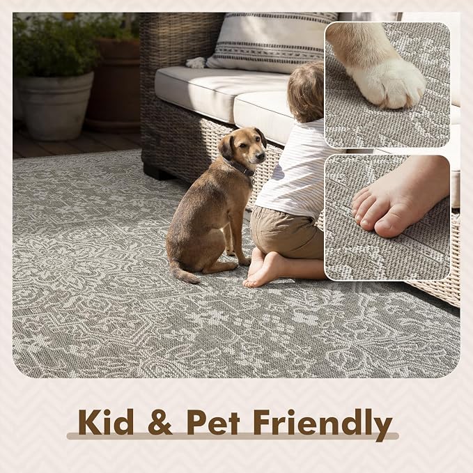 MontVoo-Outdoor Rug-Patio Rug 5x7 ft Polypropylene Indoor Outdoor Rugs Carpet for Patio Deck Balcony Porch, Textured Weave, Durable for High Traffic, Fade-Resistant, Vintage Medallion Silver Grey