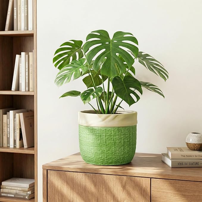 8 Inch Plant Pot - Ceramic Pots for Plants with Drainage Hole, Ceramic Flower Pots for Indoor Plants Outdoor, Decorative Boho Planter, House Garden Decor, Gardening Gifts for Women, Green