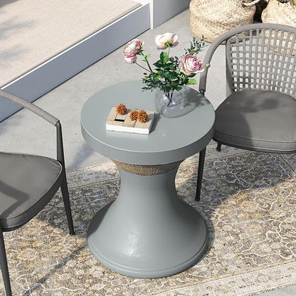 SUNBURY Concrete Side Table, 18" W Outdoor Side Table for Patio, Outdoor Accent Table w Faux Hemp Rope Design, Patio Side Table End Table in Dark Gray, Garden Stool for Pool, Deck, Yard