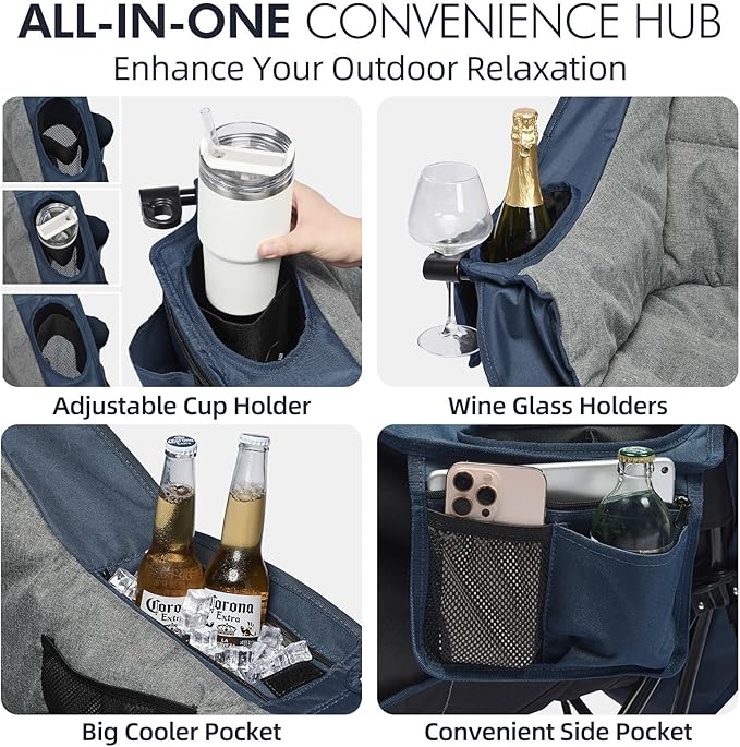 Oversized Camping Chairs for Adults - Heavy Duty Padded Outdoor Folding Lawn XL Camp Chair with Cup Holder Cooler Pockets for Sports Beach Fishing Garden Portable Supports 500lbs, Blue/Grey