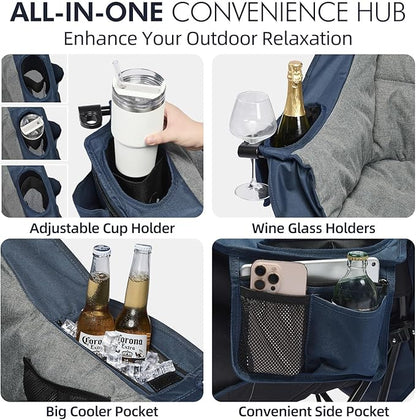 Oversized Camping Chairs for Adults - Heavy Duty Padded Outdoor Folding Lawn XL Camp Chair with Cup Holder Cooler Pockets for Sports Beach Fishing Garden Portable Supports 500lbs, Blue/Grey