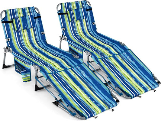 GYMAX Tanning Chair, 3 in 1 Sun Bathing Lounge Chairs with Face/Arm Holes & Side Pocket, Portable Lightweight Face Down Layout Tanning Chair for Outside, Beach, Backyard, Poolside (2, Blue Stripe)