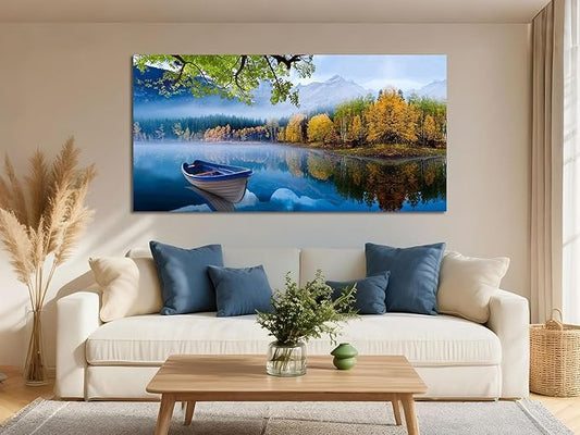 Arjun Landscape Wall Art for Living Room Lake Canvas Blue Picture Bedroom, Summer Nature Boat Artwork Modern Nature Painting Framed Large Home Office Dining Room Wall Decor, Extra Large 58"x29"
