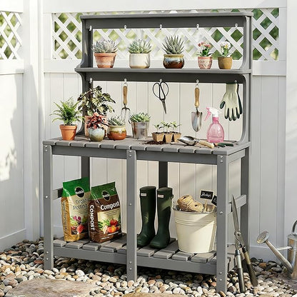 Outdoor Potting Bench with 3 Tier, All-Weather Patio Potting Table with Tool Hooks, HDPE Gardening Table for Backyard, Garden, Grey