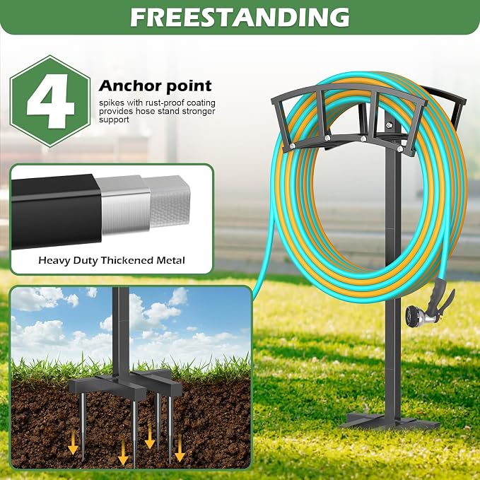 OLV Garden Hose Holder 4 Spikes, Heavy Duty Freestanding Water Hose Holder Stand Holds 150-ft Hoses, Detachable Outdoor Metal Storage Hanger Organizer Rack for Outside Yard Lawn Farm