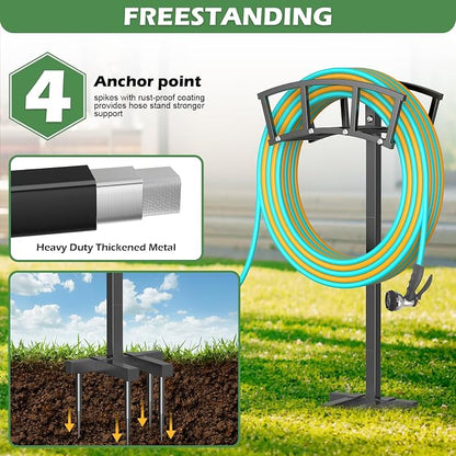 OLV Garden Hose Holder 4 Spikes, Heavy Duty Freestanding Water Hose Holder Stand Holds 150-ft Hoses, Detachable Outdoor Metal Storage Hanger Organizer Rack for Outside Yard Lawn Farm