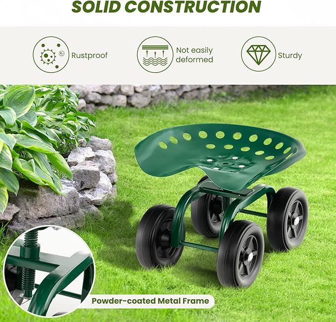Giantex Garden Cart, Rolling Workseat with 4 Wheels, Garden Stool 360° Swivel Work Seat & Adjustable Height, Heavy Duty Wagon Scooter for Gardening for Patio Garden, Lawn, Yard (Green)