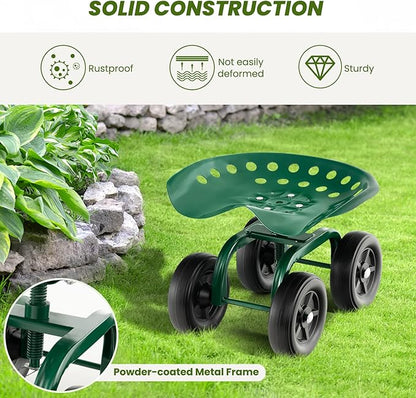 Giantex Garden Cart, Rolling Workseat with 4 Wheels, Garden Stool 360° Swivel Work Seat & Adjustable Height, Heavy Duty Wagon Scooter for Gardening for Patio Garden, Lawn, Yard (Green)