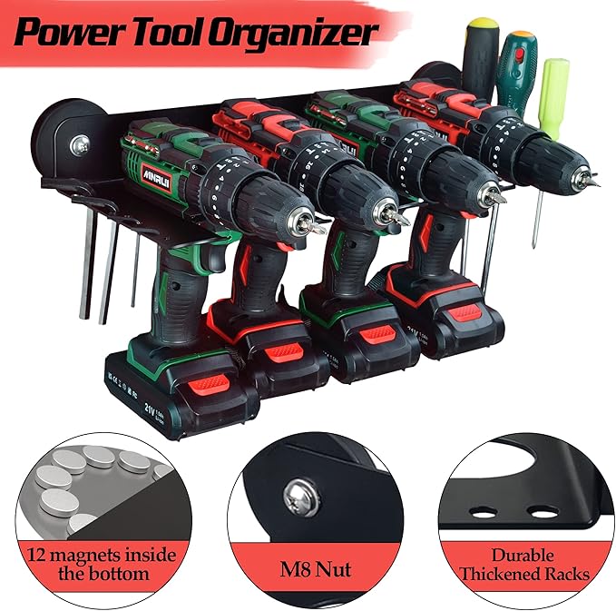 ULIBERMAGNET Magnetic Power Tool Organizer, Utility Storage Rack Shelf with Screwdriver Holder,Wall Mount Heavy Duty Cordless Drill Holder,Removable Tool Rack Suitable for Garage, Workshop