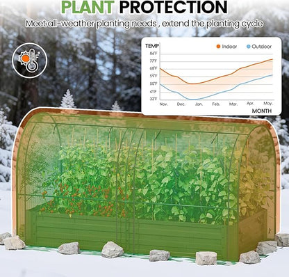 SPECILITE Raised Garden Bed with Mini Greenhouse, Galvanized Metal Planter Box Kit with PE Cover, 2 Roll-Up Doors for Ventilation, Gardening Set for Outdoor Growing Vegetables, Herbs, Fruit & Flowers