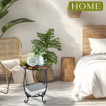 Cinnvoice Outdoor Side Table Round Small Mosaic Patio Accent Indoor End Plant Coffee Tea Table for Yard Patio Porch Garden Living Room, Bedroom(Flower Style,14 Inch)