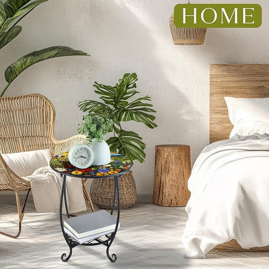 Cinnvoice Outdoor Side Table Round Small Mosaic Patio Accent Indoor End Plant Coffee Tea Table for Yard Patio Porch Garden Living Room, Bedroom(Flower Style,14 Inch)