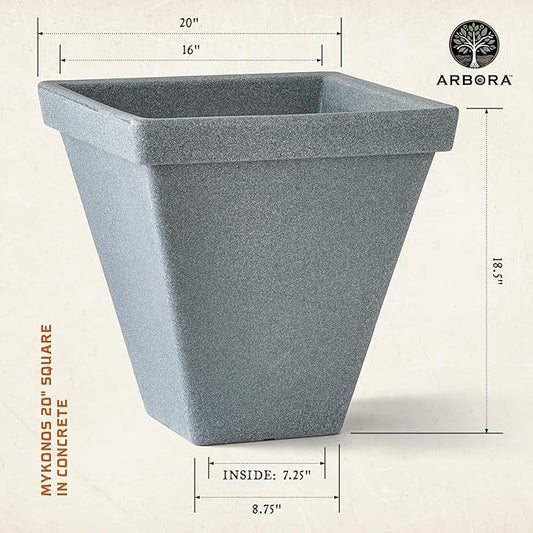 ARBORA 20" Mykonos Square Polyresin Indoor and Outdoor Planter with Stone Blend Concrete Finish - Durable, All Season, Weatherproof, Lightweight, Large Plant Pot for Patio, Garden, Deck, Entryway