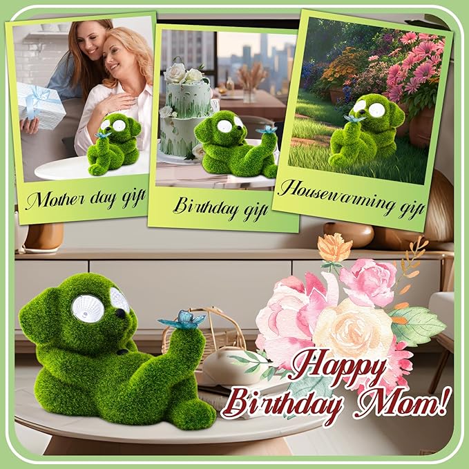 Solar Topiary Dog Garden Statue with Butterfly Garden Decor Clearance for Yard Decorations Outdoor Lawn Ornaments Porch Patio Balcony - Birthday Gifts for Grandma Mom Women