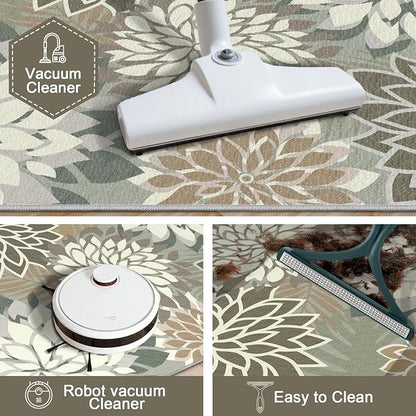 Arenarug 2x3 Washable Small Rug Tropical Botanical Modern Floral Indoor Chenille Door Mat Carpet Non Slip for Patio, Entry Way, Entrance, Porch, Taupe