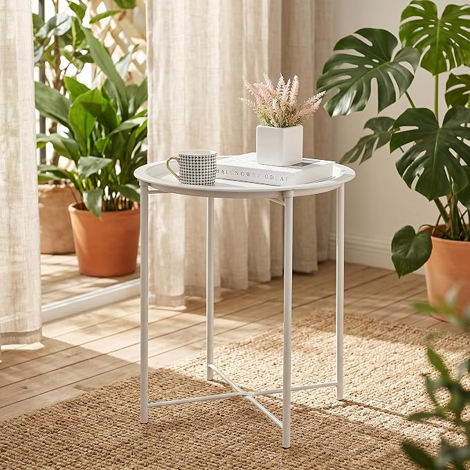 VECELO Side/End Table, Folding Round Metal Anti-Rust and Waterproof Outdoor or Indoor Tray for Living Room Bedroom Balcony and Office, 2 PCS, Beige