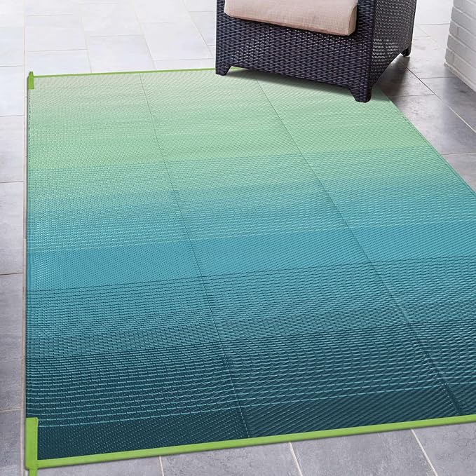 Anidaroel Ombre Outdoor Rug 5x8 for Patios Clearance, Waterproof Plastic Straw Outdoor Area Rug, Camping Rugs for Outside RV, Porch, Balcony, Pool Deck, Picnic, Camper(Blue&Green,5'x8')