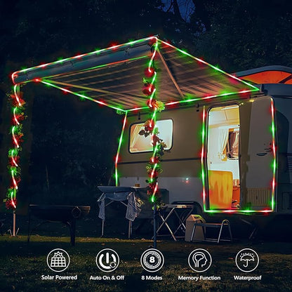 Solar Rope Lights, 66ft 200LED Solar String Lights, 8 Modes Waterproof Solar Powered Outdoor Light, Flexible Clear Tube Light for Garden Backyard Patio Deck Porch Pool Tree Christmas Decor - Red&Green