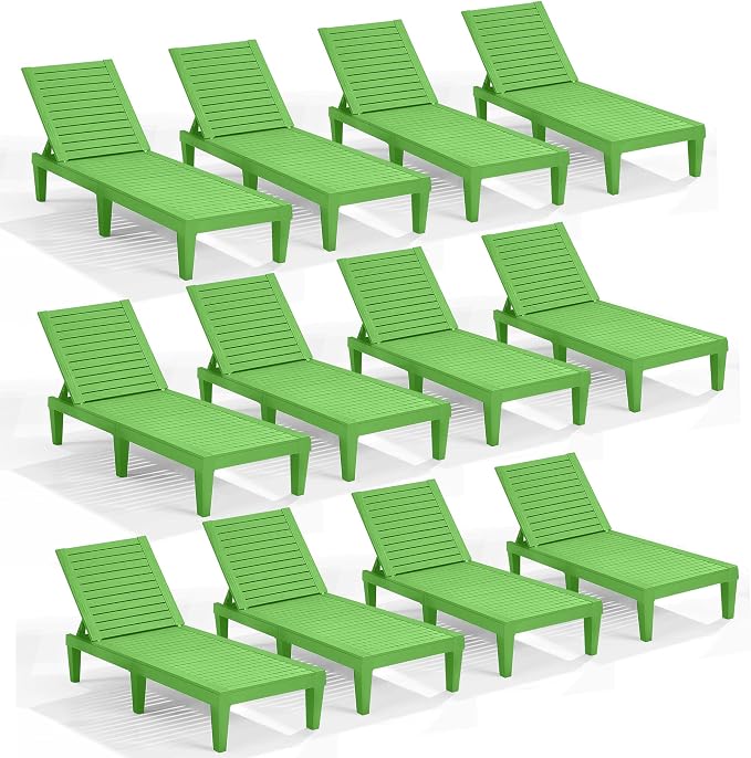 Nestl Sun Tanning Chair - Lime Green Chaise Lounge Chair Outdoor, Lightweight Pool Lounge Chairs Set of 12, Adjustable 5-Position Reclining Lawn Chair, Waterproof Beach Outdoor Lounge Chairs