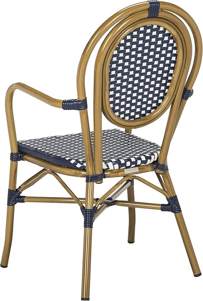SAFAVIEH PAT4014A-SET2 Outdoor Collection Rosen Navy and White French Bistro Stacking Arm Chair