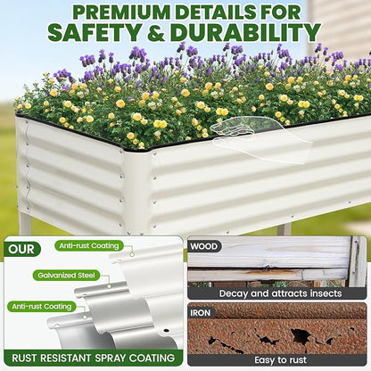 Elevated Raised Garden Bed 2' x 4'- Galvanized Metal Planter Boxes with Legs & Storage Rack, Outdoor Planters for Backyard/Patio/Balcony, with Drainage Holes for Vegetables, Flowers, Herbs, White