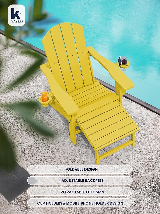 KINGYES Folding Adjustable Adirondack Chair with Ottoman & 2 Cup Holders Set of 4, HDEP Multifunctional Adirondack Chair with Footrest, Yellow