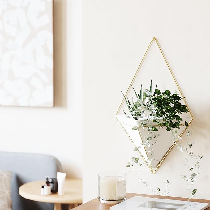 Umbra Trigg Hanging Planter Vase & Geometric Wall Decor Container - Great for Succulent Plants, Air Plant, Mini Cactus, Faux Plants and More, White Ceramic/Brass
