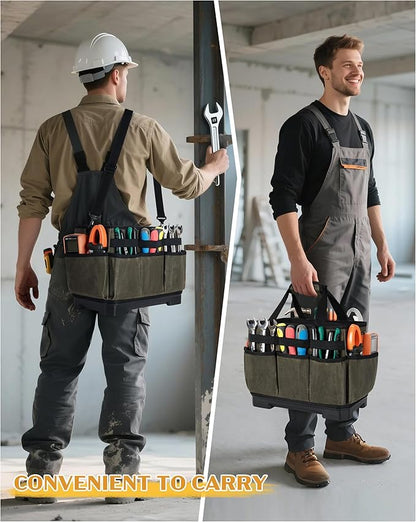Marscamd Waxed Canvas Tool Bag with Hard Bottom and 8 Pockets, Large Tool Tote with Shoulder Strap for Tools & Gardening, Dark Green